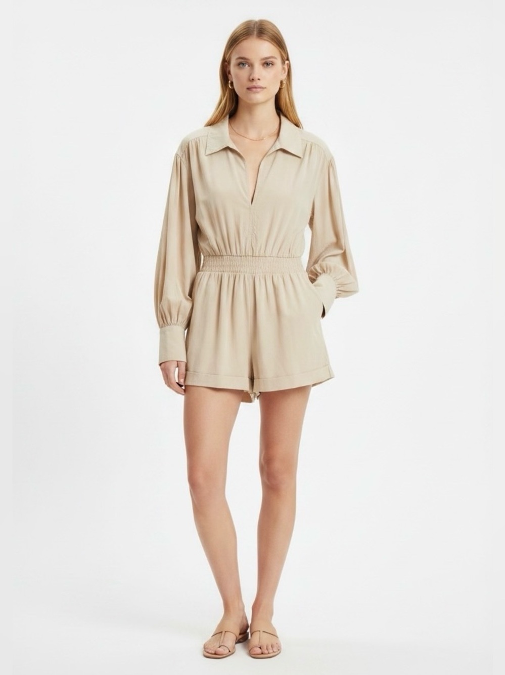 Mable Beige Long Sleeve Romper M Tencel Blend Smocked Waist Collared Utility